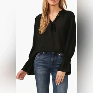 CeCe Women's Tie Neck Ruffle Cuff Long Sheer Sleeve Blouse Top NWT Small